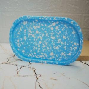 Mavi  Terrazzo Beton Döküm Oval Sunum Tabağı Veya Terrazo Mum Tabağı 24 Cm