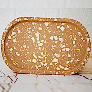 Camel Terrazzo Beton Döküm Oval Sunum Tabağı Veya Terrazo Mum Tabağı 24 cm