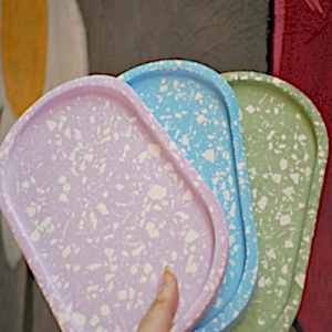 Mavi  Terrazzo Beton Döküm Oval Sunum Tabağı Veya Terrazo Mum Tabağı 24 Cm