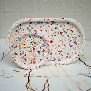 Terrazzo 2'li Beton Döküm Oval Sunum Tabağı Veya Terrazo Mum Tabağı 24 cm