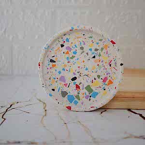 Beton Döküm Terrazzo Tekli Yuvarlak Mum Tabağı Terrazo Mumluk