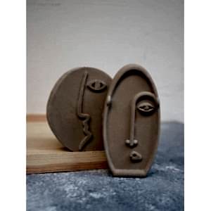 2'li İskandinav Tasarım Dekoratif Heykel Soyut Yüz Beton Obje Seti KAHVE