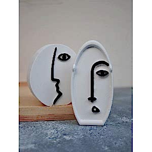 2'li İskandinav Tasarım Dekoratif Heykel Soyut Yüz Beton Obje Seti BEYAZ