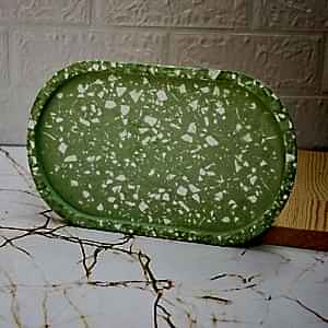 Yeşil Terrazzo Beton Döküm Oval Sunum Tabağı Veya Terrazo Mum Tabağı 24 Cm