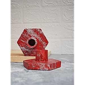 Kırmızı Silver Mermer Efekt 2'li Altıgen Beton Şamdan Mumluk