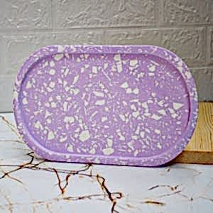Lila Terrazzo Beton Döküm Oval Sunum Tabağı Veya Terrazo Mum Tabağı 24 Cm
