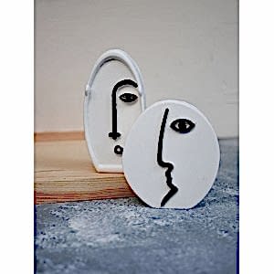 2'li İskandinav Tasarım Dekoratif Heykel Soyut Yüz Beton Obje Seti BEYAZ