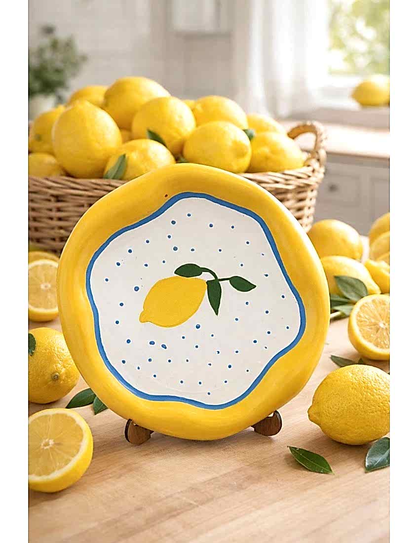 dekoratif limon desenli cozy tarz tabak, limon desenli sunum tabağı