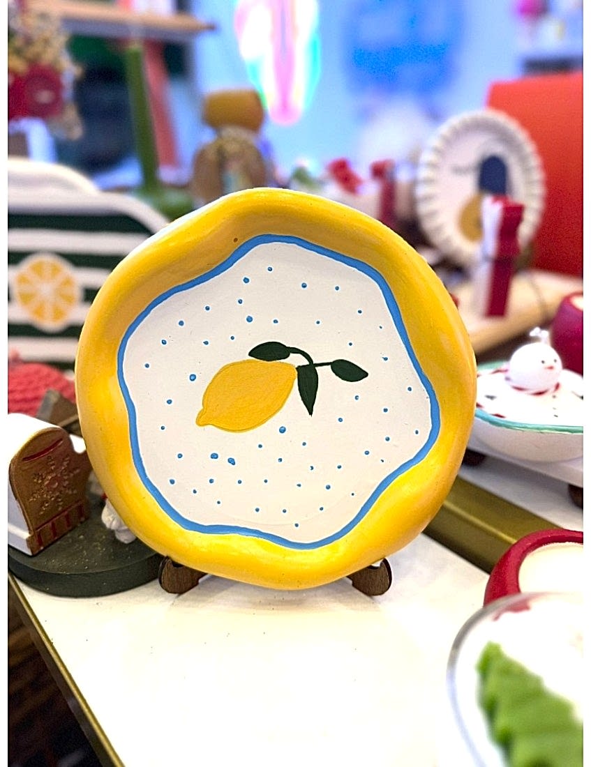 dekoratif limon desenli cozy tarz tabak, limon desenli sunum tabağı